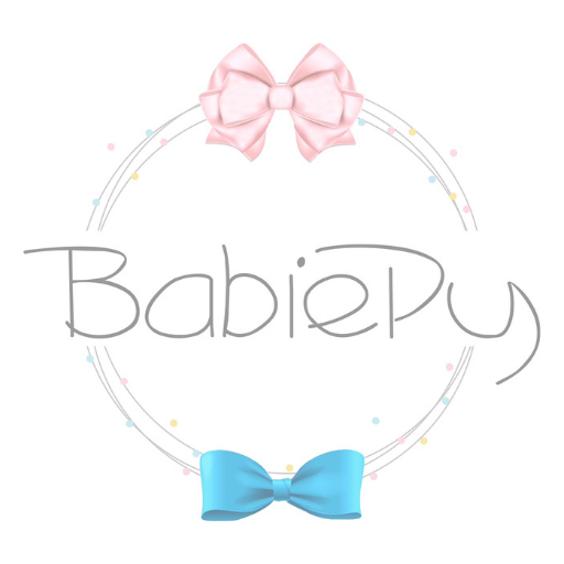 Logotipo da Babiepy: laço rosa e laço azul em um anel de confete pastel
